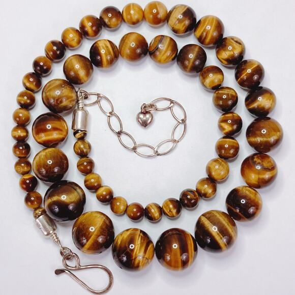Signed Jay King DTR Sterling Silver Tiger Eye Graduated Gemstone Necklace 22 VTG - Picture 6 of 11
